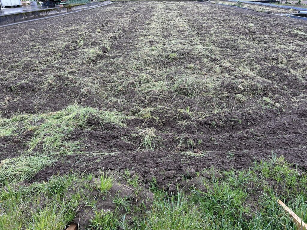 田んぼをトラクターで耕した様子